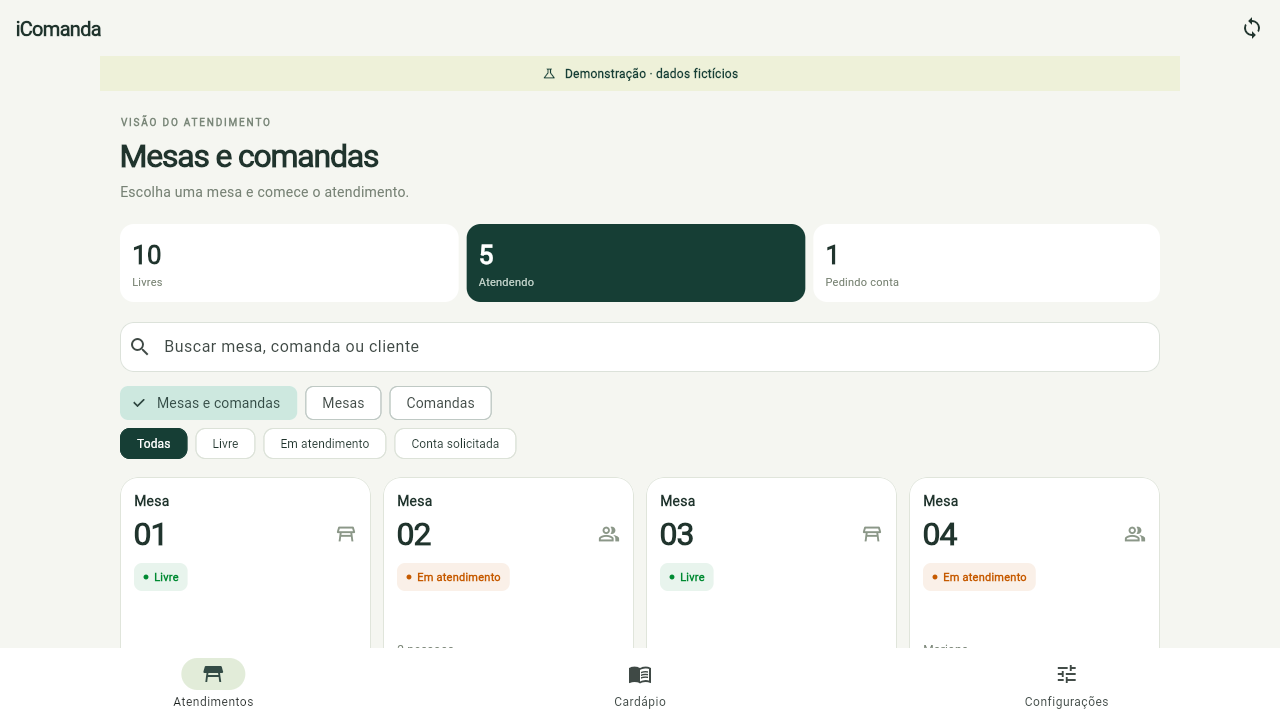 Tela real do iComanda com mesas, comandas e status dos atendimentos