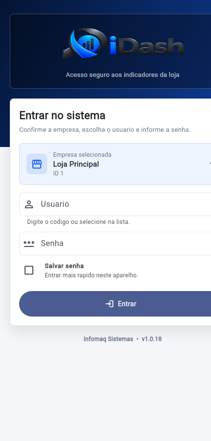 Tela real de acesso do iDash, gerada pelo aplicativo
