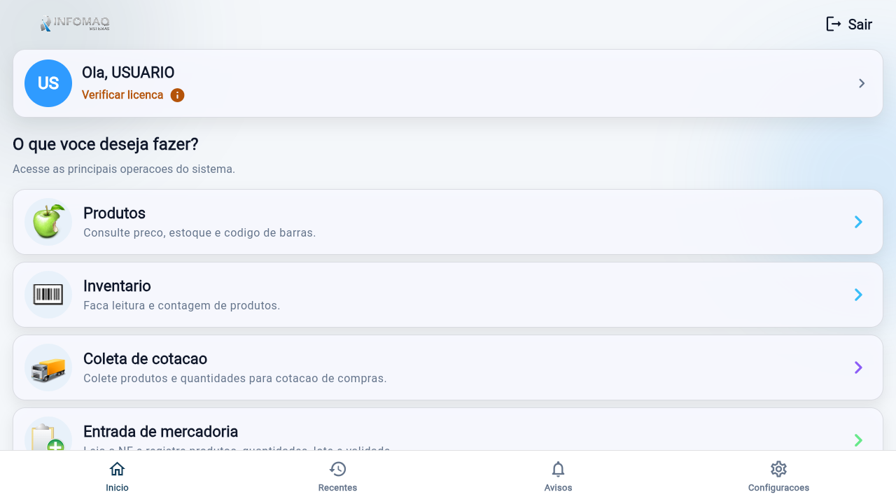 Tela real do iTask com as operações de produtos, inventário, cotação, entrada e remessa